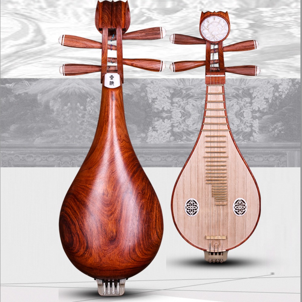 Musical Instrument With A - 北京星海8414-A ローズウッド柳琴 中国民族楽器 牡丹模様入り
